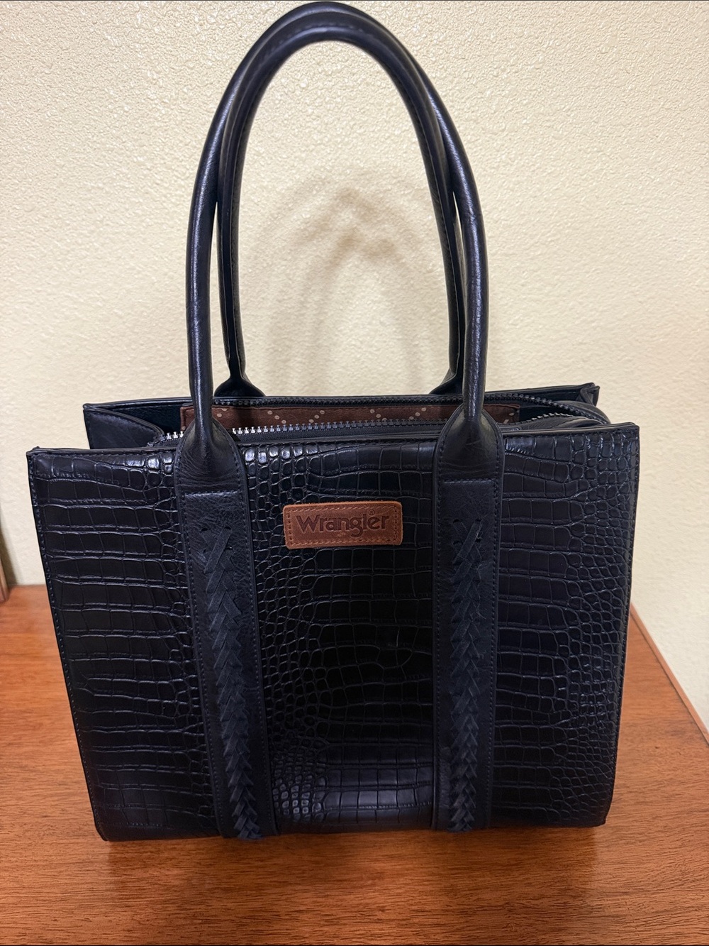Wrangler Black Croc-Embossed Satchel with Brown Logo Patch